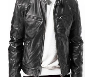 Men Black Leather Cafe Racer Jacket Slim Fit Classic Zip Front Moto Style