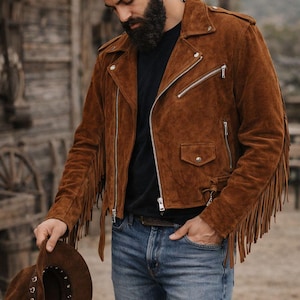 Chaqueta de cuero marrón con flecos para hombre, estilo vaquero western, motero, abrigo de motociclista vintage.