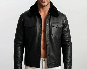 Men's Black Leather Trucker Jacket | Real Sheepskin Fur Collar, Winter Western Coat