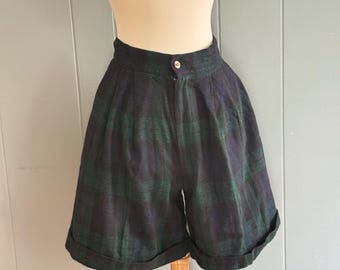 Vintage 90er Damen High Rise Plissee Lange Shorts Schwarze Uhr Karo Wolle XS 23"