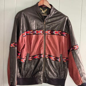 Vtg 90s Adler Leather Jacket Southwestern Aztec Bomber L Indie Sleaze Festival