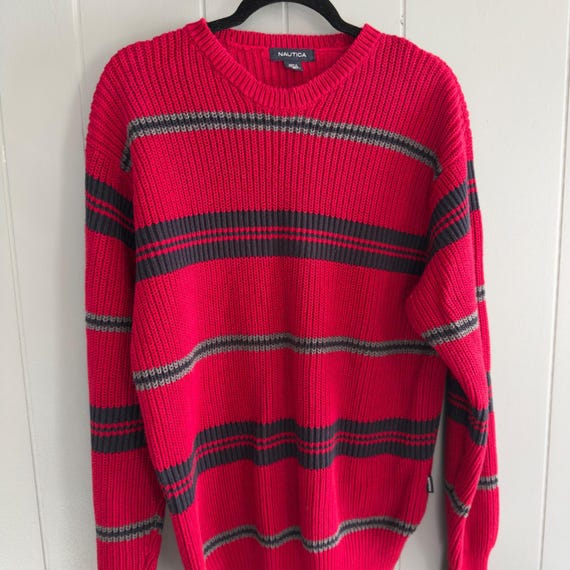 Vintage Nautica Striped Cotton Sweater XL Chunky Knit 90s Prep 