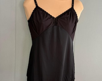 Shadowline Vintage Black Nylon Lace Trim Camisole Slip Top Made USA Sz 38 S/M