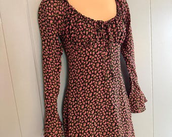Vtg 90er Jahre Moda International Rosa Floral Maxi Milchmädchen Kleid 4 Schwarz Flare Ärmel