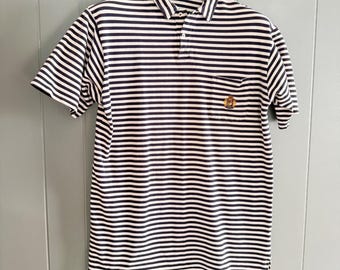 Polo Ralph Lauren vintage de los 90 para hombre, talla L, de piqué a rayas con escudo, fabricado en EE. UU., color azul marino.