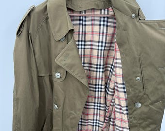 Gabardina vintage verde oliva con forro a cuadros para hombre, talla 42 L, estilo militar