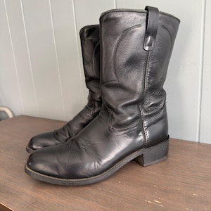 Vintage Texas black leather cowboy boots 13EE Xwide made in USA patina western