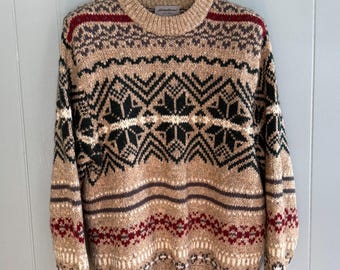 Vintage Eddie Bauer Męski sweter z mieszanki wełny Fair Isle Snowflake Cabin Core Ski