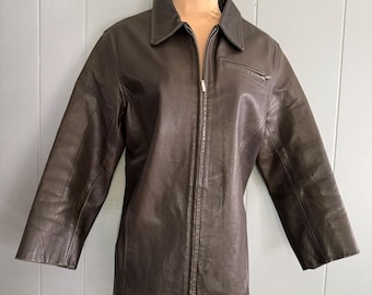 Gap Damen Echtleder Zip Jacke Größe M Dark Olive Braun Vtg 90s Y2K Moto