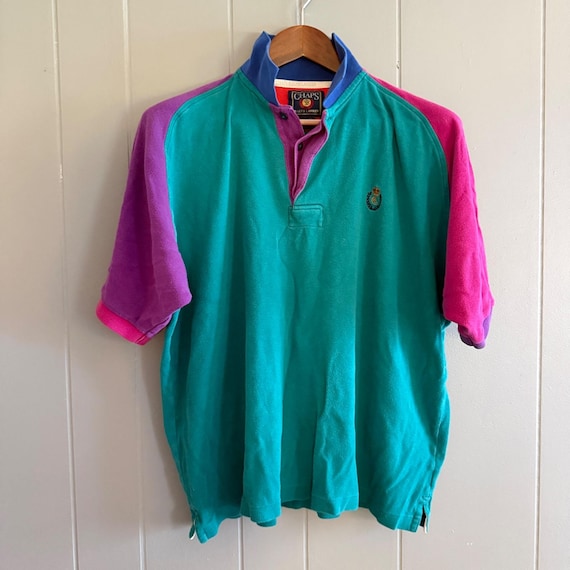 Chaps Ralph Lauren, Mens L Chaps Ralph Lauren Vintage 90s Color Block Rugby Polo Teal Pink Old Money