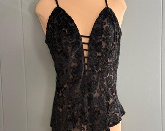 Vintage 90s Victoria Secret Black Devore Velvet Floral Bodysuit Coquette Large
