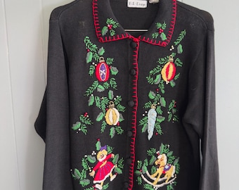 VTG B.P. Design Weihnachten Pullover L Spielzeug Ornamente Perlen Strickjacke gestickt