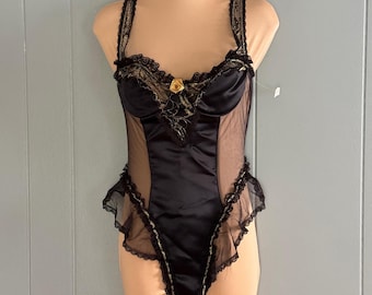 Vintage FOH Lace Teddy Bodysuit Satin Black Gold Sheer Romantic Y2K Goth M NWT