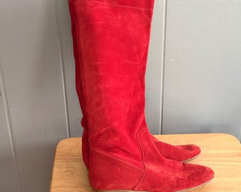 Vtg Paul Noyen - Bottes plates hautes en daim rouge tomate Italie Vero Cuoio Années 80 Revival 40