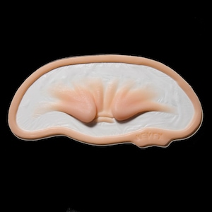 May include: A silicone practice skin pad for makeup application, featuring a white textured surface with two raised, flesh-toned eyelid shapes in the centre. The word KEVEY is embossed in the bottom right corner of the beige border.