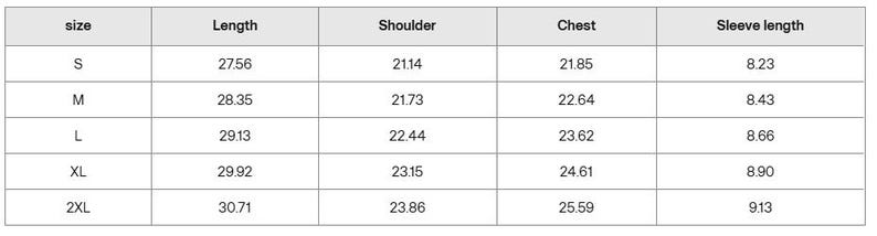 May include: A white table with black text detailing garment measurements. The table includes sizes S, M, L, XL, and 2XL. Measurements are provided for length, shoulder, chest, and sleeve length in inches.