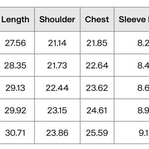 May include: A white table displays a size chart for clothing. The chart includes measurements for length, shoulder, chest, and sleeve length in inches, with sizes ranging from S to 2XL. The chart is on a white background.