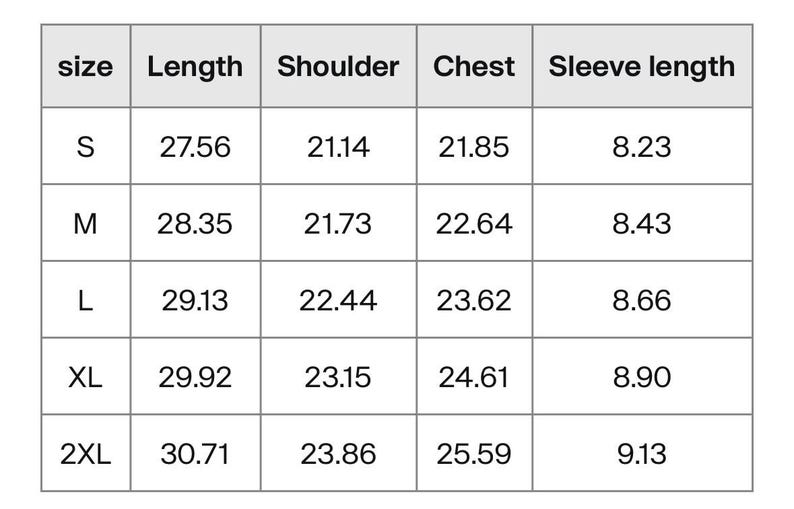 May include: A white table displays a size chart for clothing. The chart includes measurements for length, shoulder, chest, and sleeve length in inches, with sizes ranging from S to 2XL. The chart is on a white background.