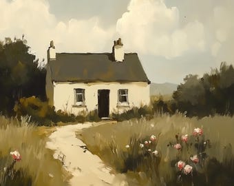 Vintage English Countryside Cottage – Unframed Painting Print | Country Farmhouse Wall Art | Rustic Landscape | Fine Art Print