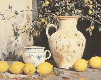 Vintage Lemon Print, Farmhouse Kitchen Print, Lemon Still Life Painting, Printable Lemon Wall Art, French Country Art, Lemon Fruit Painting