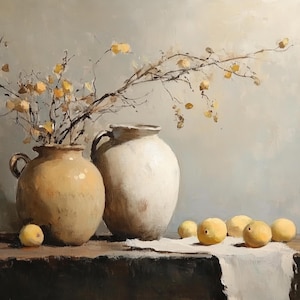 May include: Still life painting featuring two ceramic vases, one beige and one white, with a branch of yellow flowers. Several yellow fruits are arranged on a white cloth. The scene is set on a dark wooden surface.
