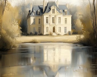 Vintage Französisches Ölgemälde Ölgemälde, Teichlandschaft (Digital Art)