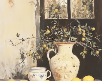 Vintage Lemon Print, Farmhouse Kitchen Print, Lemon Still Life Painting, Printable Lemon Wall Art, French Country Art, Lemon Fruit Painting