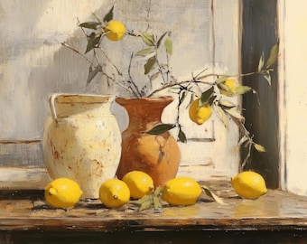 Vintage Lemon Print, Farmhouse Kitchen Print, Lemon Still Life Painting, Printable Lemon Wall Art, French Country Art, Lemon Fruit Painting