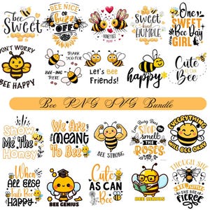 May include: A collection of bee-themed digital designs with various phrases and illustrations. The designs include text like "Bee Sweet," "Bee Happy," and "Bee Genius," along with images of cartoon bees. The designs are in yellow, black, and white.