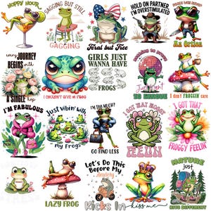 May include: A collection of colorful frog illustrations with various themes and text. Frogs are depicted in sunglasses, holding drinks, and wearing outfits. Text includes phrases like "Hoppy Hour," "Girls Just Wanna Have Frogs," and "Just Vibin' with my Frogs."