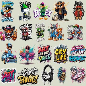 Peut inclure: Une collection d'autocollants colorés de style graffiti avec des personnages de dessins animés comme Daffy Duck, Snoopy et Bugs Bunny. Les autocollants incluent également des phrases telles que "Art is my Voice", "City Life" et "Never Give Up Peace".