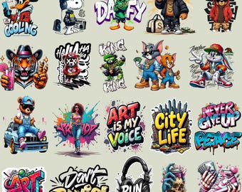 Colorful Graffiti PNG Bundle, Urban Street Art Graphics, Colorful Streetwear T-Shirt Designs,