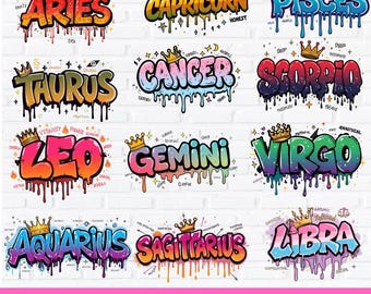 Zodiac Horoscopes Sublimation Design PNG, Zodiac Graffiti PNG Bundle, Horoscope Png, Zodiac Sublimation Designs, horoscope bundle png
