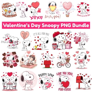 Puede incluir: Un conjunto de imágenes PNG de Snoopy para el Día de San Valentín. Snoopy aparece con corazones, regalos y en escenas románticas. El texto incluye "Best Friends", "Love is in the Air" y "Puppy Love".