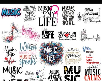 Musikälskare-citat PNG-paket, trendiga låtdesigner, hörlursclipart, DJ- och sångarsublimering