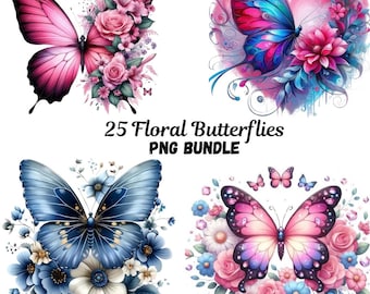 Watercolor Butterfly Clipart, Flowers PNG Bundle, Watercolor Butterflies and Flowers PNG Clipart Bundle, Watercolor Butterfly Illustrations