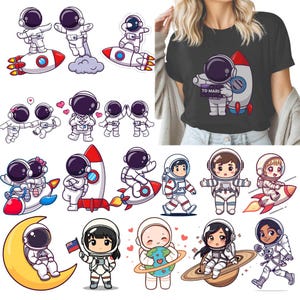 Pode incluir: Uma coleção de ilustrações de astronautas de desenhos animados em várias poses, incluindo andar de foguete, dar as mãos e carregar um planeta. Uma imagem mostra uma camiseta preta com um astronauta e o texto "TO MARS".