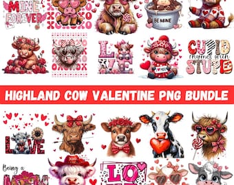 Pacchetto PNG di mucca delle Highland per San Valentino, design di clipart di mucca delle Highland carino, clipart d'amore, mucca delle Highland acquerello, mucca delle Highland carino