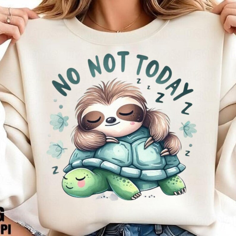 May include: Cream-colored sweatshirt featuring a cartoon sloth sleeping on a turtle. The sloth is brown and tan, the turtle is green and blue. The text "NO NOT TODAY" is above the sloth, with "Z"s around the image.