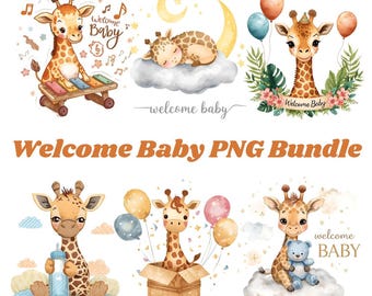 Klipart z powitaniem dziecka, wystrój pokoju dziecięcego, słodka żyrafa, klipart z małą żyrafą, baby shower, pakiet klipartów z powitaniem dziecka, noworodek w formacie PNG