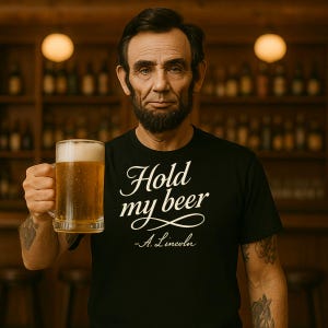 May include: Black t-shirt with the phrase "Hold my beer - A. Lincoln" in white script. The image shows a person holding a large glass mug of beer. The background is a bar setting with shelves of bottles.