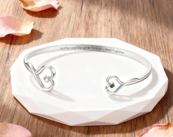 Personalized Mother Daughter Birthstone Bracelet, Two Heart Cuff Bangle with Inside Engraving, Adjustable Bangle Gift for Mom or Daughter