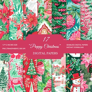 May include: A collection of 17 "Preppy Christmas" digital papers. The designs feature festive patterns with poinsettias, deer, Christmas trees, and gingerbread houses in shades of red, green, and white. Each paper is 12x12 inches in size.
