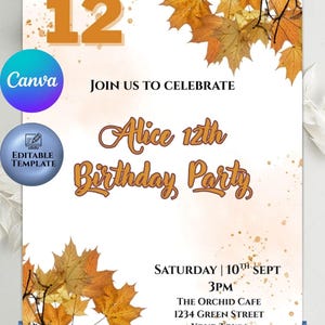 Plantilla editable e imprimible, descarga instantánea, temática de hojas, verano, otoño, fácil de editar, tarjeta de invitación de cumpleaños, temática naranja