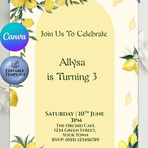 Tema Limão, Cartão de Convite de Aniversário, Modelo Editável, Download Instantâneo, Modelo de Convite, Cartão de Aniversário, Tema para Meninas, Fácil de Editar