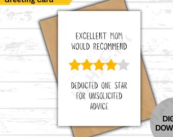 Funny Mom Printable Card, 4 Star Review Joke, Sarcastic Mother’s Day Card, Mom Birthday Card from Daughter, Instant Download