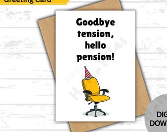 Tarjeta imprimible divertida de jubilación para compañeros de trabajo: Adiós tensión, hola pensión, regalo de jubilación para la oficina, descarga digital.