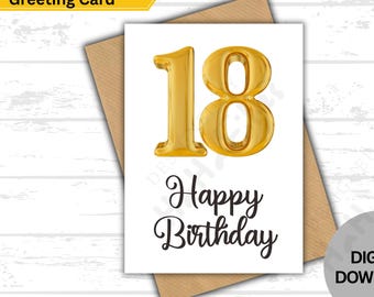 18th Birthday Card: Golden Balloons, Printable Celebration (Digital Download)
