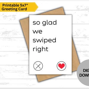 Kaart grappig stel • Zo blij dat we naar rechts hebben geveegd • Digitale kaart Tinder-jubileum • Liefdeskaart voor online daten • Afdrukbare download