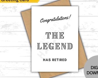 Funny Retirement Card Printable for Him – Legend Has Retired, Black and White Minimal Retirement Card for Coworker, Instant Download